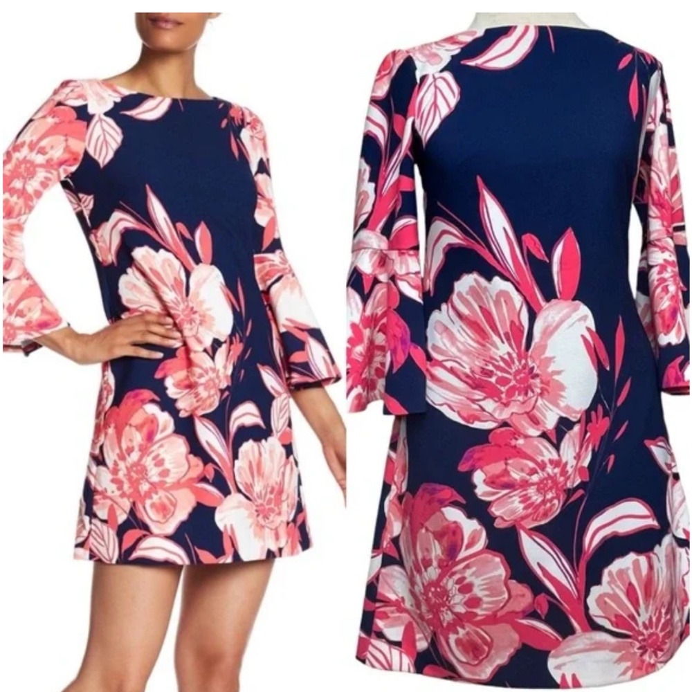 ELIZA J Blue Pink Floral Bellowed Sleeve Sheath Dress sz6